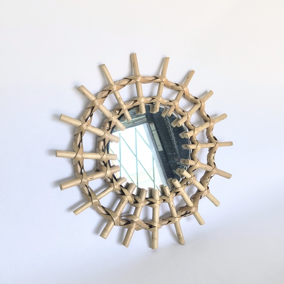 BOHO Natural Bamboo Rattan Sunburst Wall Mirror 11" Round - Picture 2 of 6